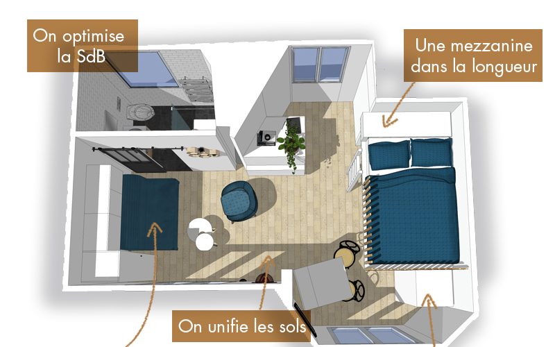 Option #1 : le lit est en mezzanine au dessus de la cuisine