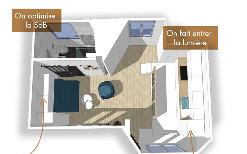 Option #2 : le lit est caché dans un coffrage sous la cuisine