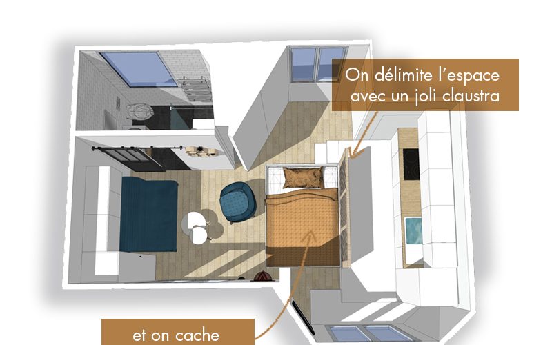 Option #2 : le lit est caché dans un coffrage sous la cuisine